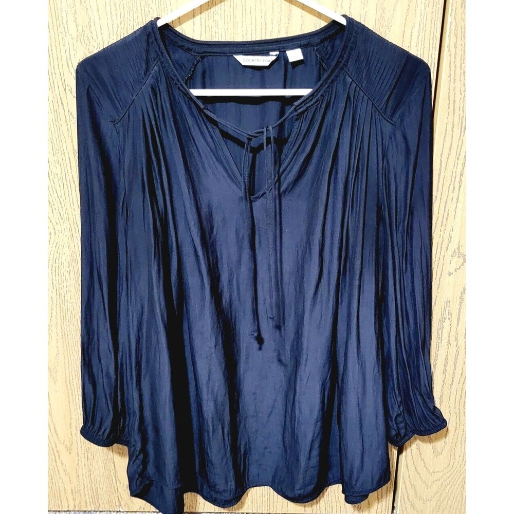 COUNTRY ROAD Women's Black 3/4 Sleeve Silky Blouse With Front Tie Sz Large